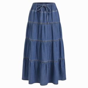 CIDER PLUS DENIM MID RISE DRAWSTRING TIERED FLARED MAXI SKIRT NWT